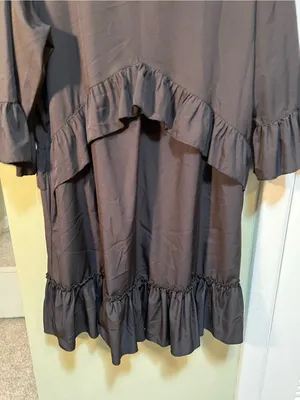 Women’s Size Large Mini Dress Black Ruffle V-Neck A-Line 3/4 Sleeve Collared LBD thumbnail 3