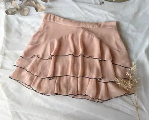 Zara Blush Pink Tiered Chiffon Ruffle Black Trim Mini Skirt thumbnail 1