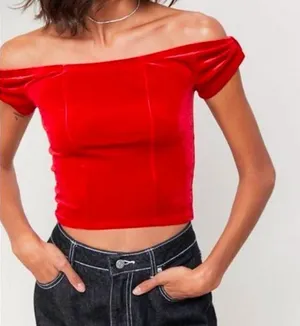 Urban outfitters Elegant Red velvet Off-Shoulder crop Top thumbnail 1
