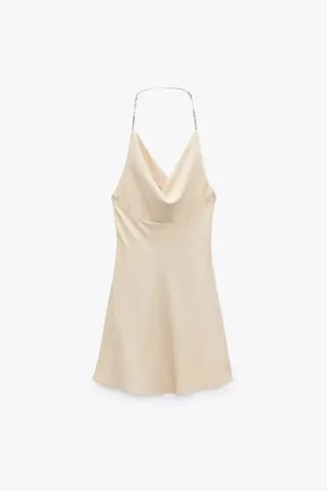 ZARA Satin Like Beige Tan Stones Party Cocktail Wedding Mini Dress thumbnail 6