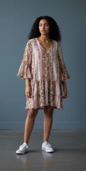 Entro‎ Snake Print Ruffle Tiered V Neck Bell Sleeve Mini Dress Size M thumbnail 1
