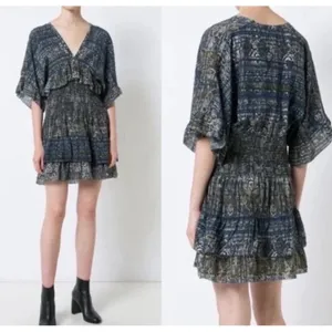 IRO‎ Dress 36 Tulsa Printed Silk Tiered Mini Snake Print Smocked Ruffle Green thumbnail 2