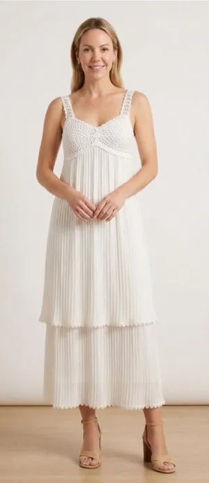 LE LIS BLANC DEUX White Crochet Knit Pleated Layered Maxi Dress Size PP thumbnail 1