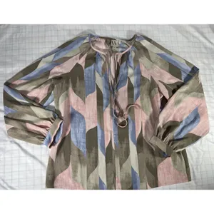 Chico's Worthington Women Medium Blouse Top Long Sleeve Tie Neck Abstract Pink Blue Tap thumbnail 3