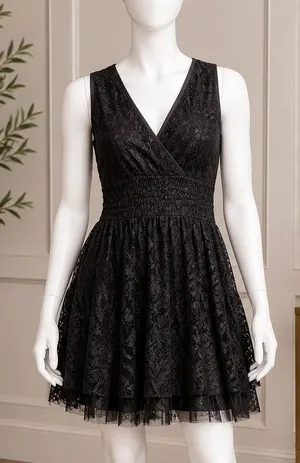 Womens Lace Cocktail Dress Black Smocked Waist Surplice Neck Small thumbnail 1