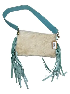 TTT Leathergoods Longhorn Lakota Cowhide Fringe Shoulder Bag Sky Blue thumbnail 1