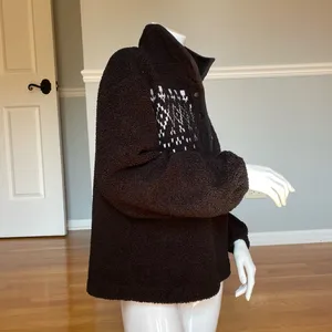 LOFT Women’s Sherpa Fleece Pullover Sweater Size S Black White Fair Isle Mock Neck thumbnail 2