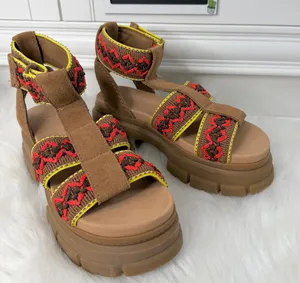 New UGG Ashton Heritage Braid Brown Suede Neon Trim Platform Sandals Size 7 thumbnail 1