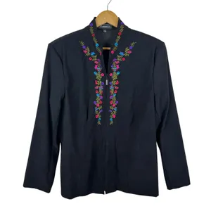 Elementz Floral Embroidered Faux Suede Zip Up‎ Jacket XL Black Retro Y2K Hippie thumbnail 1