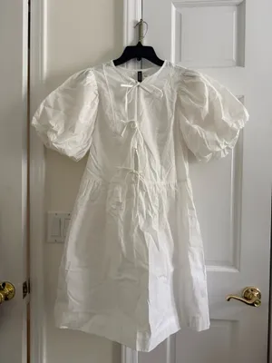 H&M White Puff Sleeve Tie Front Mini Dress thumbnail 2