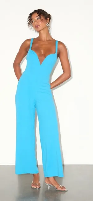 Lulus Brighton Bright Blue Plunge Wide-Leg Jumpsuit Formal Cocktail Small NWT thumbnail 1