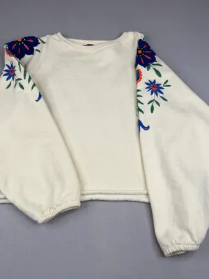 Boohoo Embroidered Balloon Sleeve Crop Sweatshirt Cream Boho Large thumbnail 1