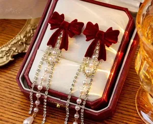 Elegant Retro Bow & Tassel Drop Earrings Red thumbnail 2