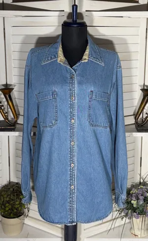 Vintage 90s Bill Blass women's denim shirt blue cotton Western grunge cottage M thumbnail 1