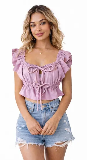 Y2K Lavender Bow Tie-Front Sz Small Feminine Ruffled Coquette Babydoll Crop Top thumbnail 1