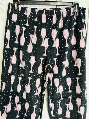 Charter Club Intimates Pajama Set Sz L Black Pink Wine Glasses Fleece Pockets thumbnail 5