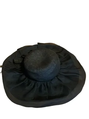 Vintage Adolfo Ii Black Wide Brim Linen Hat With Striped Bow thumbnail 7