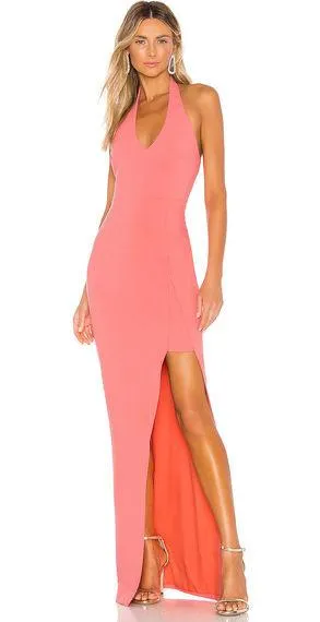 NEW LIKELY Rudina Gown Coral Halter Prom Dress Maxi Leg Slit V-Neck Orange 0 thumbnail 1