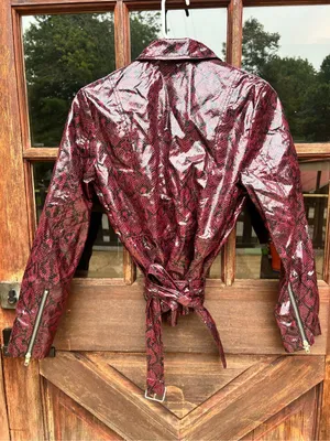New Y2K 2000s style pleather snakeskin burgundy belted motorcycle jacket S nwot thumbnail 4