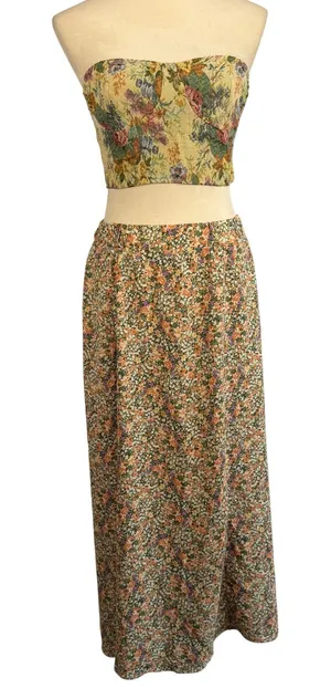 Floral Maxi Skirt Orange Green Purple Elastic Waist Cottagecore‎ Small thumbnail 1