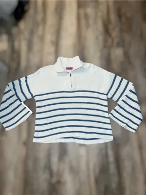 Edikted 1/4 Zip oversized Ribbed Sweater White with Navy Stripes Nautical cotton thumbnail 3