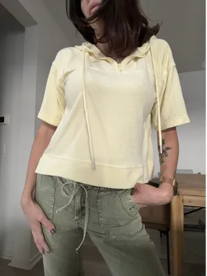 C & C California Cropped Yello Terry Short Sleeve 1/4 Zip Hoodie Y2K Size L thumbnail 1