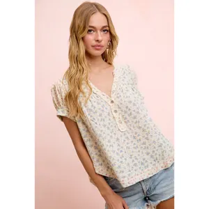 BiBi Floral Crinkle Neckdrop Short Sleeve‎ Blouse Top - Large thumbnail 3