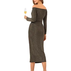 NEW Off Shoulder Bodycon Long Sleeve Ruched Slit Glitter Cocktail Dress XL thumbnail 4