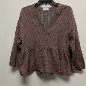 Madewell Shirt Women's Large Grey Red Striped VNeck Long Sleeve Cotton Blend thumbnail 1