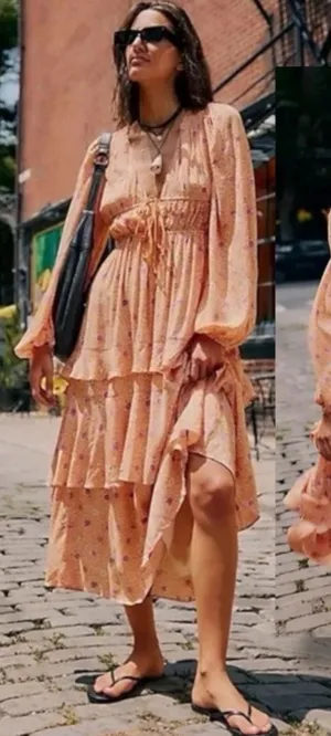 Free People Bohemian Gypsy Tiered Ruffle Maxi Dress Size Large Plunge Billowy thumbnail 1