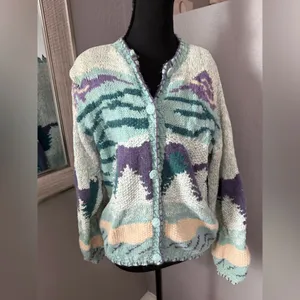 VTG Heirlooms Hand Knit Wool Blend Cottagecore Grannycore Cardigan Large. thumbnail 2