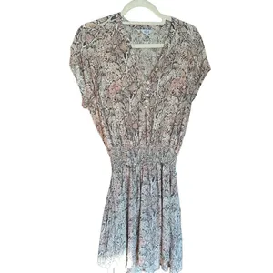 Rails Karla Watercolor‎ Snakeskin Pink Smocked Tiered Dress Sz S thumbnail 2