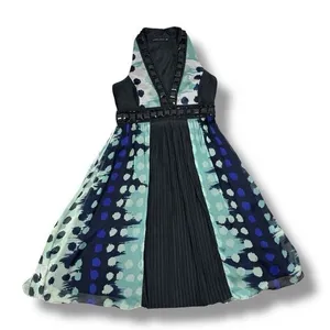 Zara Beaded Silk Pleated Multi Pattern Fit‎ Flare Halter Dress Black Teal Medium thumbnail 15
