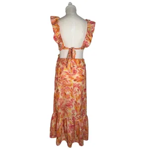 Micas Floral Ruffle Cut Out Maxi Dress Orange Pink Watercolor Size M NWT thumbnail 2
