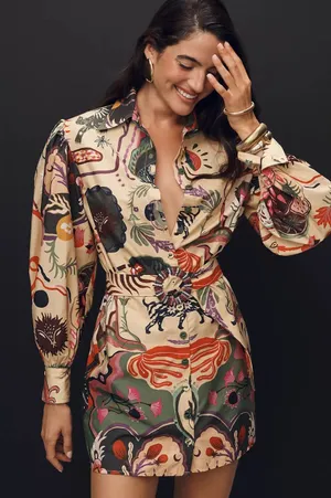 NWT Farm Rio Surreal Print Belted Long Sleeve Mini Dress Size S thumbnail 1