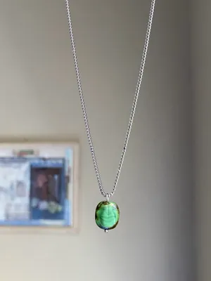Handmade stainless steel chain & green Picasso Czech glass bead chic vintage retro style simple necklace💚 thumbnail 3