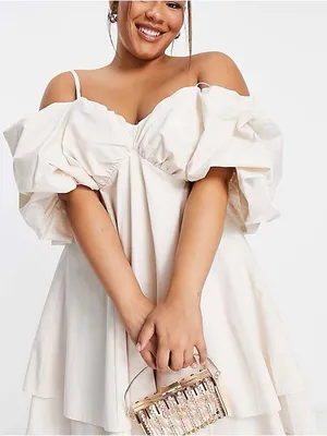 ASOS LUXE Bubble Bardot Mini Dress in Stone Sz.4 NWT thumbnail 3