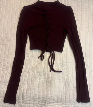 Windsor Burgundy lace up front crop top thumbnail 1