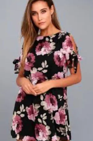 Lulus Black Pink Floral Cold Shoulder Tie Sleeve Shift Mini Dress sz Small thumbnail 1