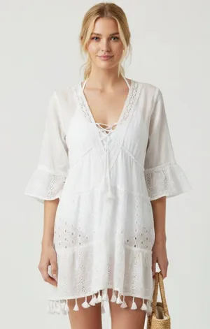 Me 2 Magic White 3/4 Sleeve Crochet Eyelet Lace Mini Dress M thumbnail 1