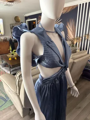 Pleated Satin Cut-Out Maxi Dress in Steel Blue thumbnail 6