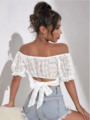 NWOT SHEIN White Privé Off Shoulder Puff Sleeve Tie Back Guipure Lace Top Size 6 thumbnail 2