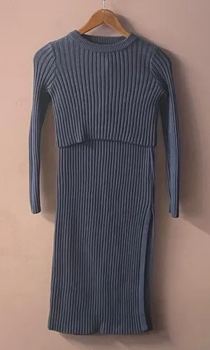 Dusty Blue Ribbed Knit Sweater Crop Top & Skirt Set Size S EUC thumbnail 1
