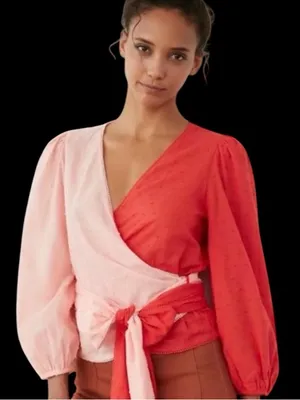 Anthropologie Farm Rio Wrap Blouse Swiss Dot, XS Pink red long sleeves thumbnail 7