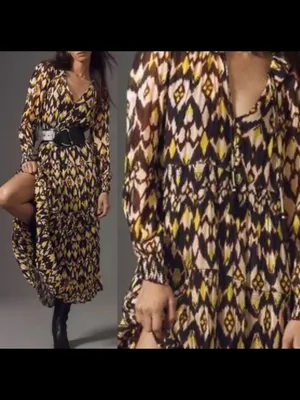 Anthropologie Ikat-Print Long-Sleeve Midi Dress in Yellow, Black & Cream thumbnail 2