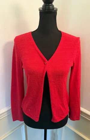 Vintage Talbots Italian Knit Cardigan Tomato Red Minimalist V-Neck Viscose Blend thumbnail 1