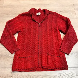 Nomadic Traders Wool Cable Knit Cardigan Sweater‎ Full Zip Pockets Red Medium M thumbnail 1