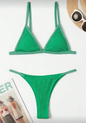 SHEIN Green Textured Triangle Bikini Set thumbnail 1