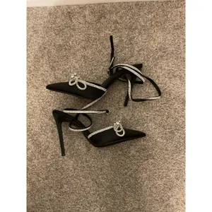 NWOT Lulus Lullie Black Rhinestone Bow Ankle Wrap Stiletto Heels Pumps Glam, 8 thumbnail 7