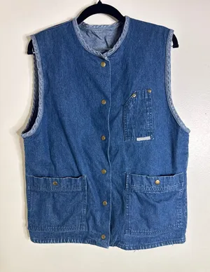 VTG 90s C&A Bombacha Cotton Denim Utility Vest Snap Button Sleeveless Jacket L thumbnail 1